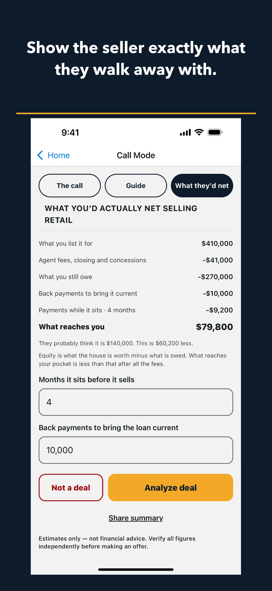 Seller net screen showing what the seller walks away with