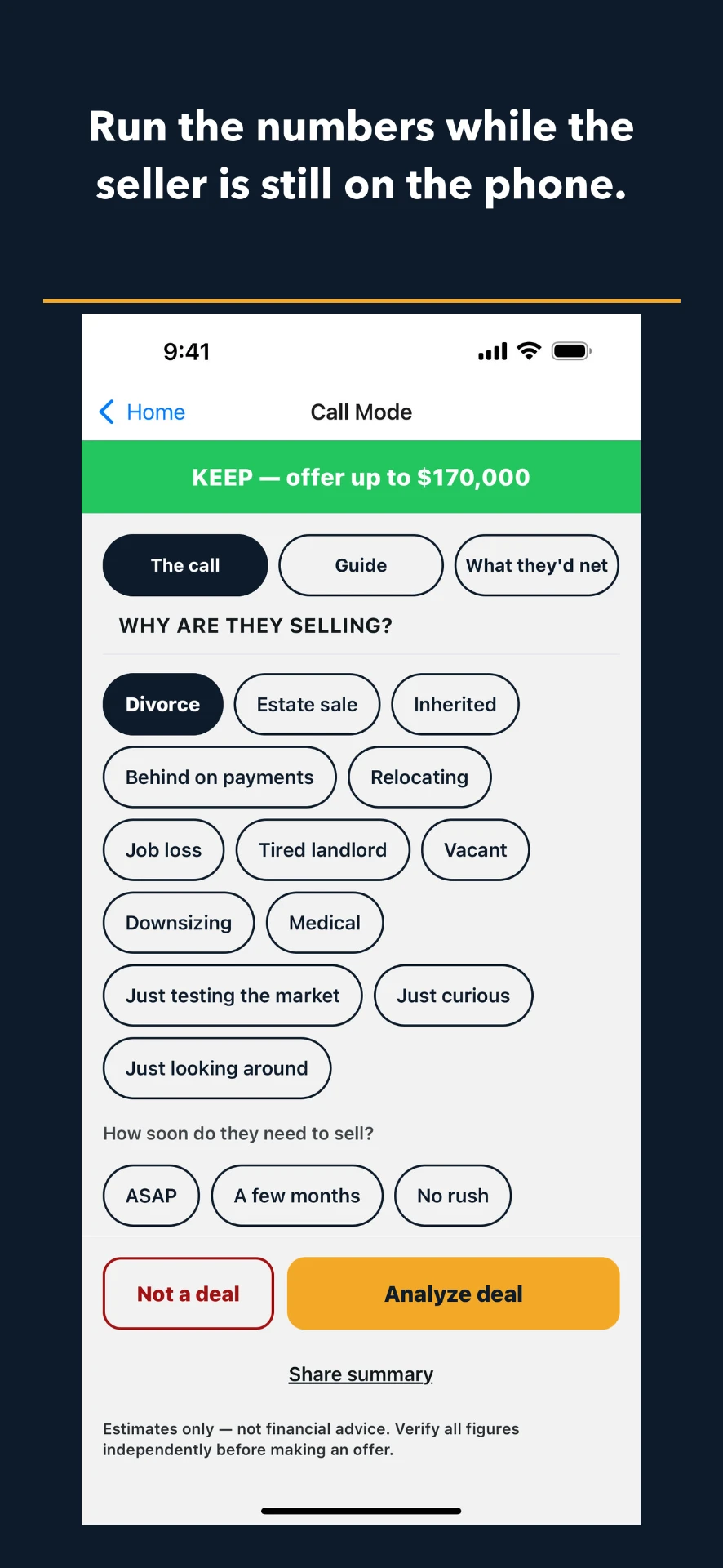 Call mode screen for capturing a deal during a phone call